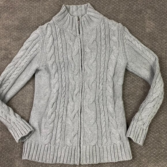 LL Bean Full Zip Cardigan Sweater Women's Medium Gray Cable Knit Chunky 517893 - Picture 1 of 12